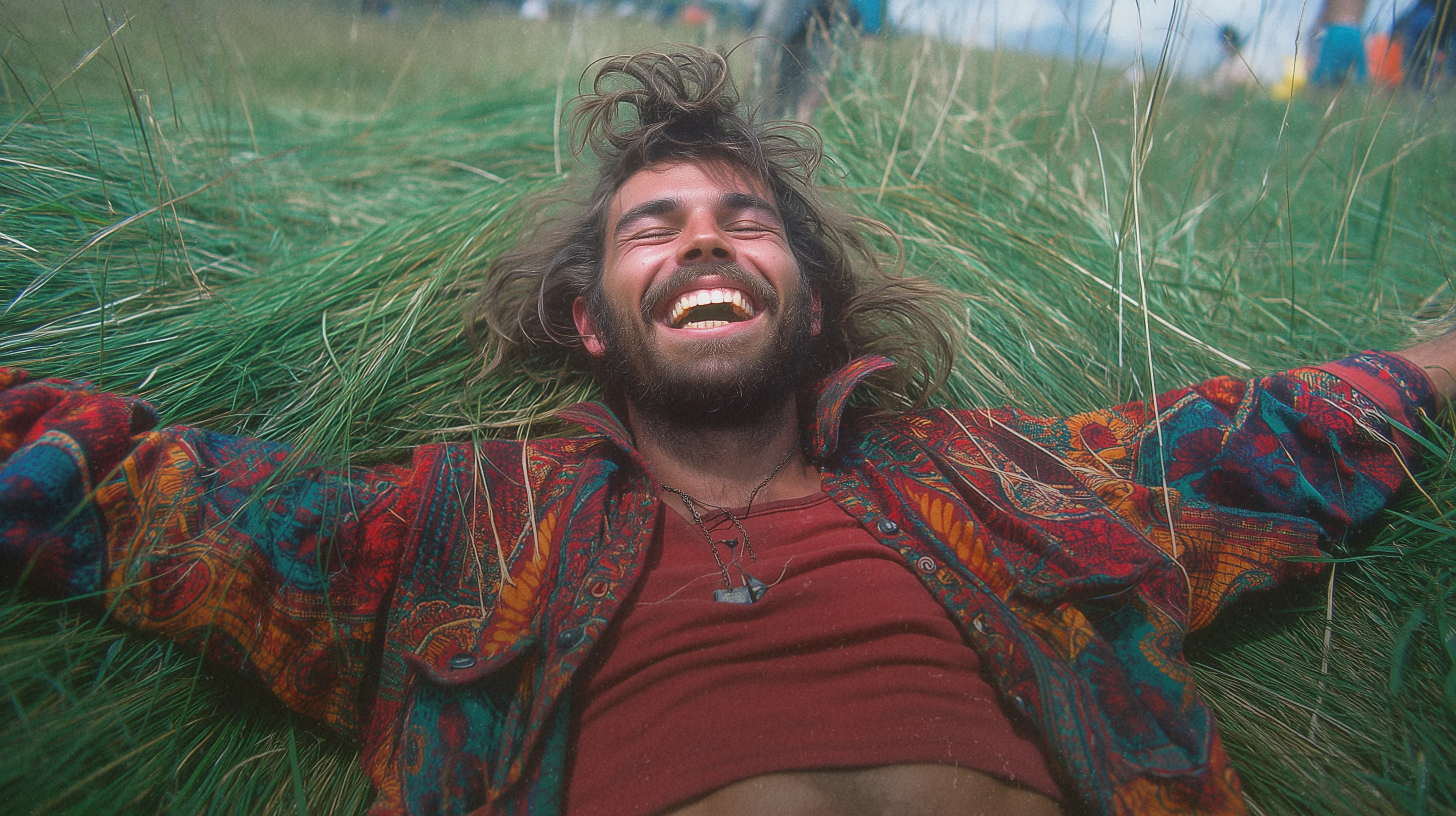 A man lying blissfully in fresh green grass